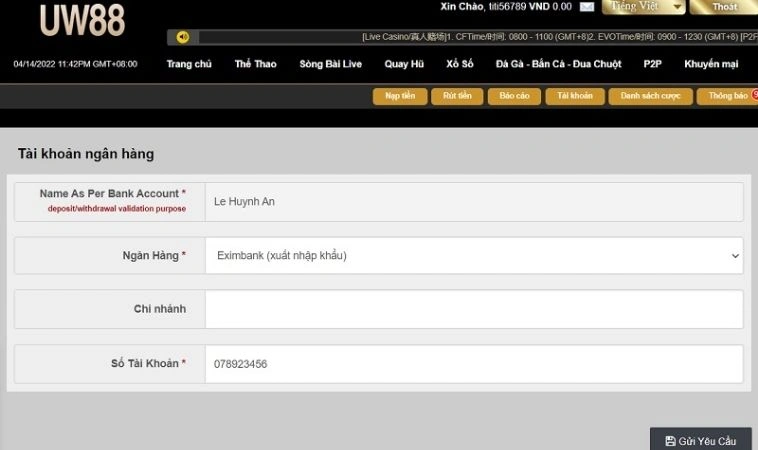 Giao diện rút tiền UW88